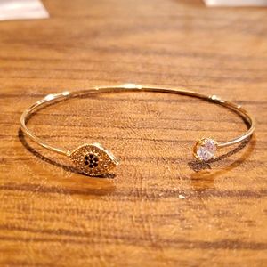 New Simple Dainty Evil Eye & Rhinestone Adjustable Cuff Bracelet Goldtone